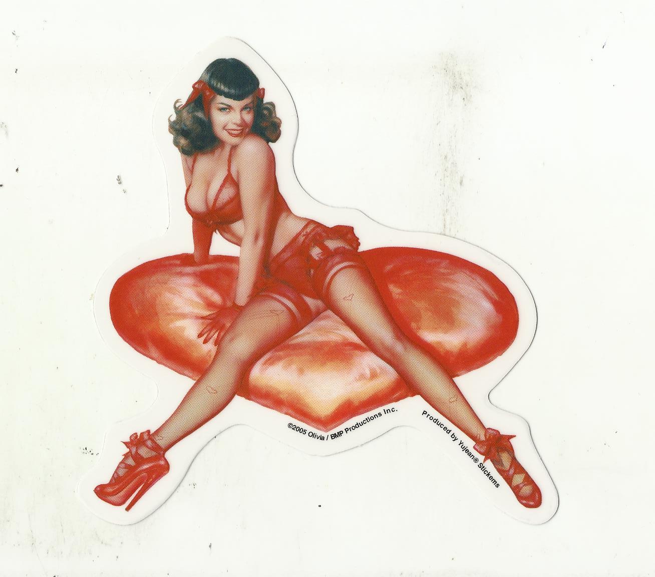 BETTIE PAGE STICKER DECAL "PILLOW BETTIE" 4 1/3 INCHES X 6 INCHES