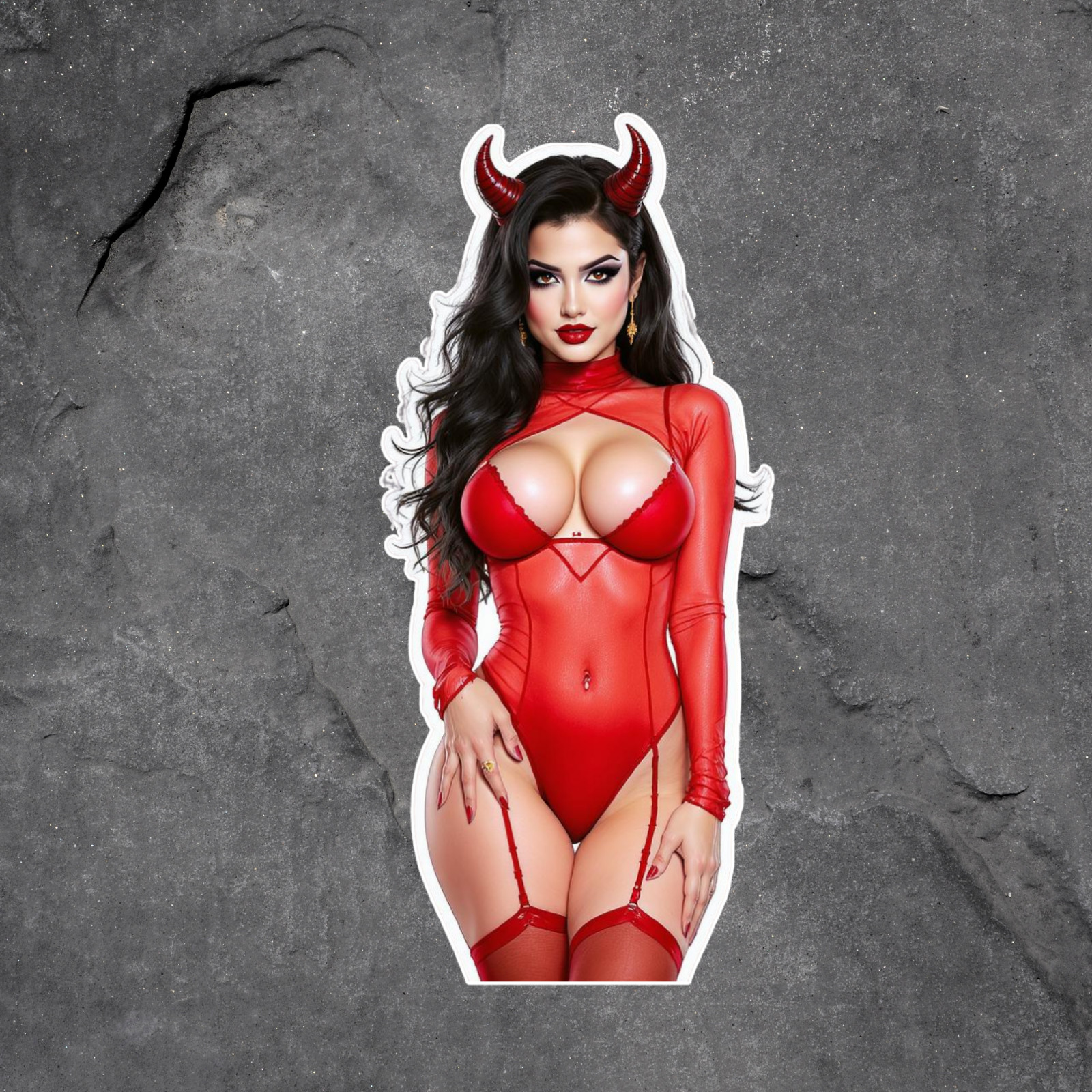 Pinup Girl Sticker Vinyl Decal Devil Horns Red Bodysuit Sexy Lingerie