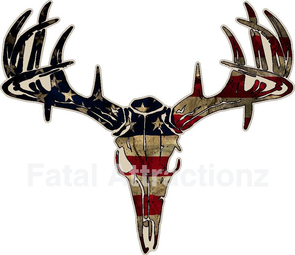 Distressed American Flag Deer Skull S4 Vinyl Sticker Decal Hunting USA Buck