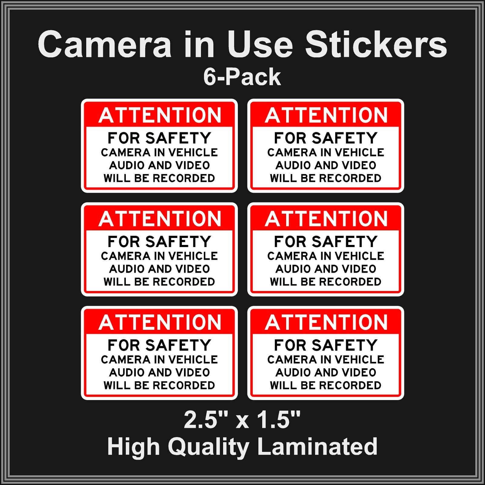 Camera in Car Recording Video 6-Pack Decals Red & Black 2.5" x 1.5" for Uber