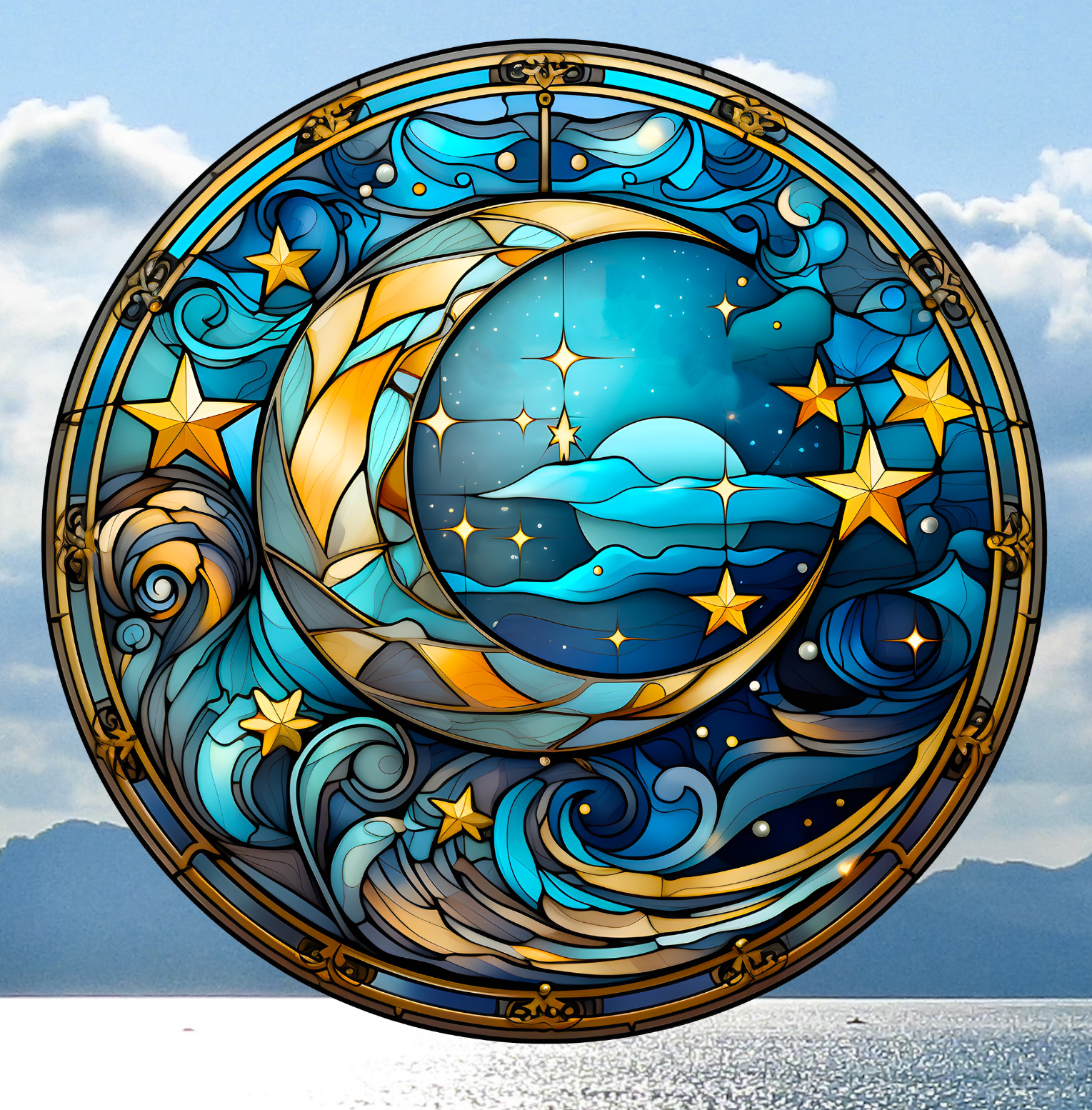 Celestial Moon/Stars Faux Stained-Glass WINDOW CLING Sun-catcher Size 8" Vinyl