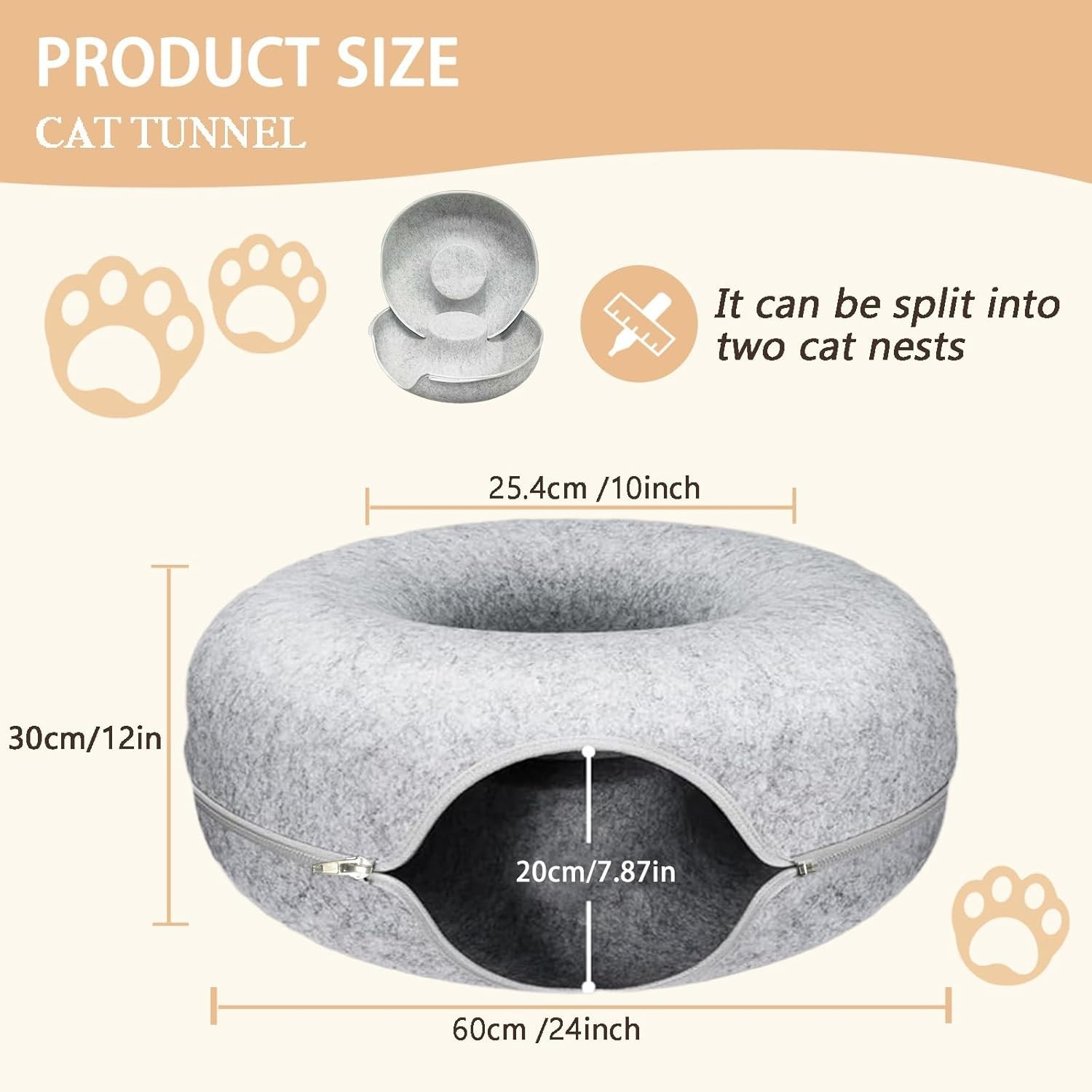 Bed for Cats 24inch Washable Interior for Indoor Cats Light Gray