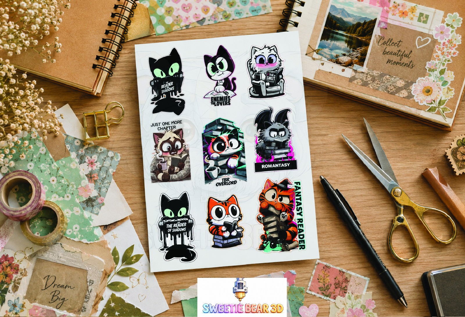 8 Pack Bookish Cat Sticker Sheet – Fantasy Reader / Romantasy / TBR Overlord