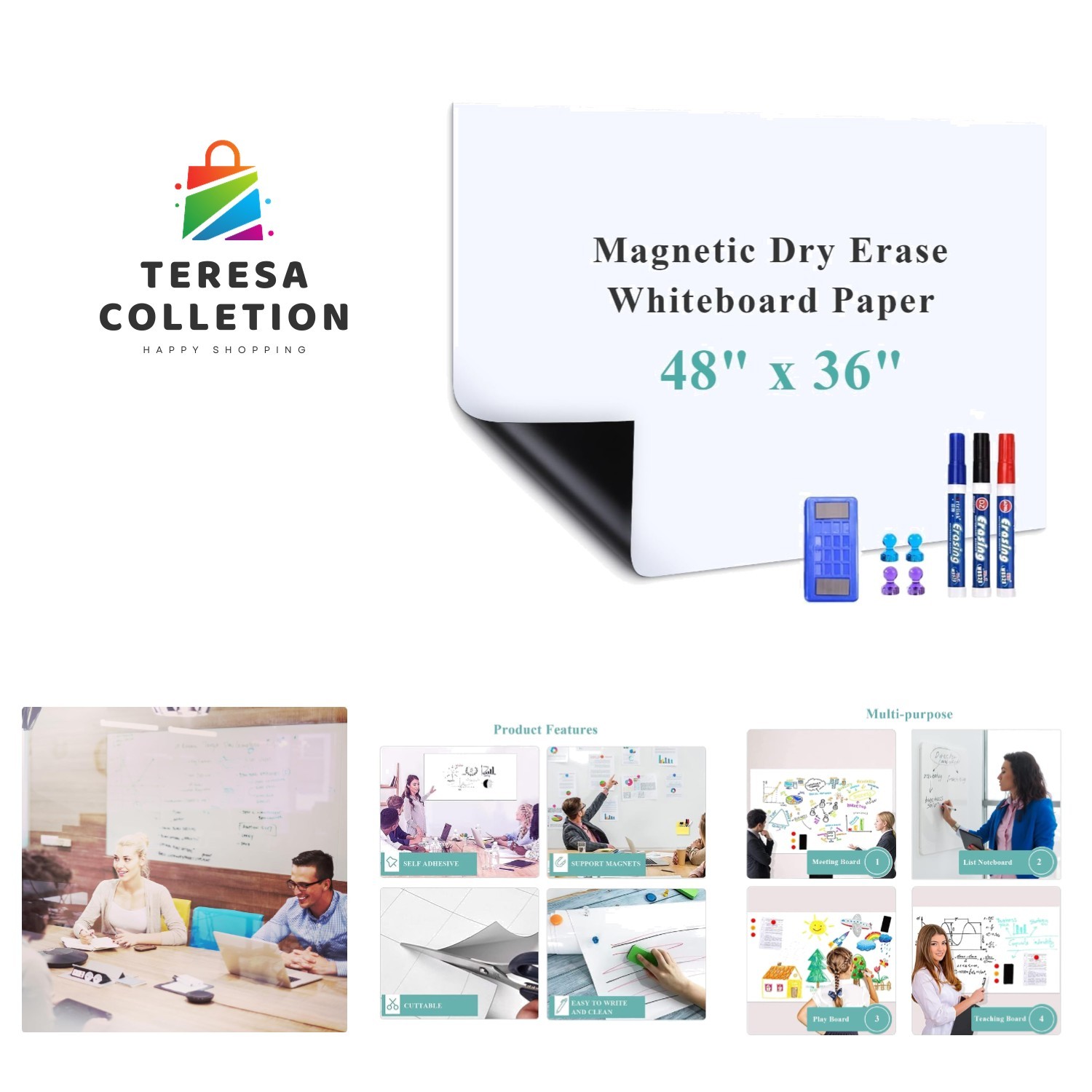 Large 48" x 36" Self-Adhesive Whiteboard Film | No Ghosting, Magnetic Surface