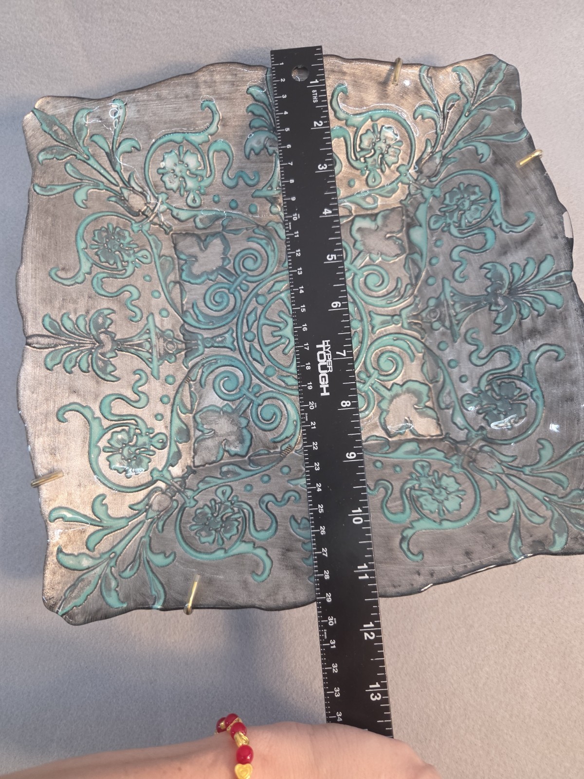 Vintage Turkish Art Glass Platter Square Reverse Painted Turquoise Silver 11"