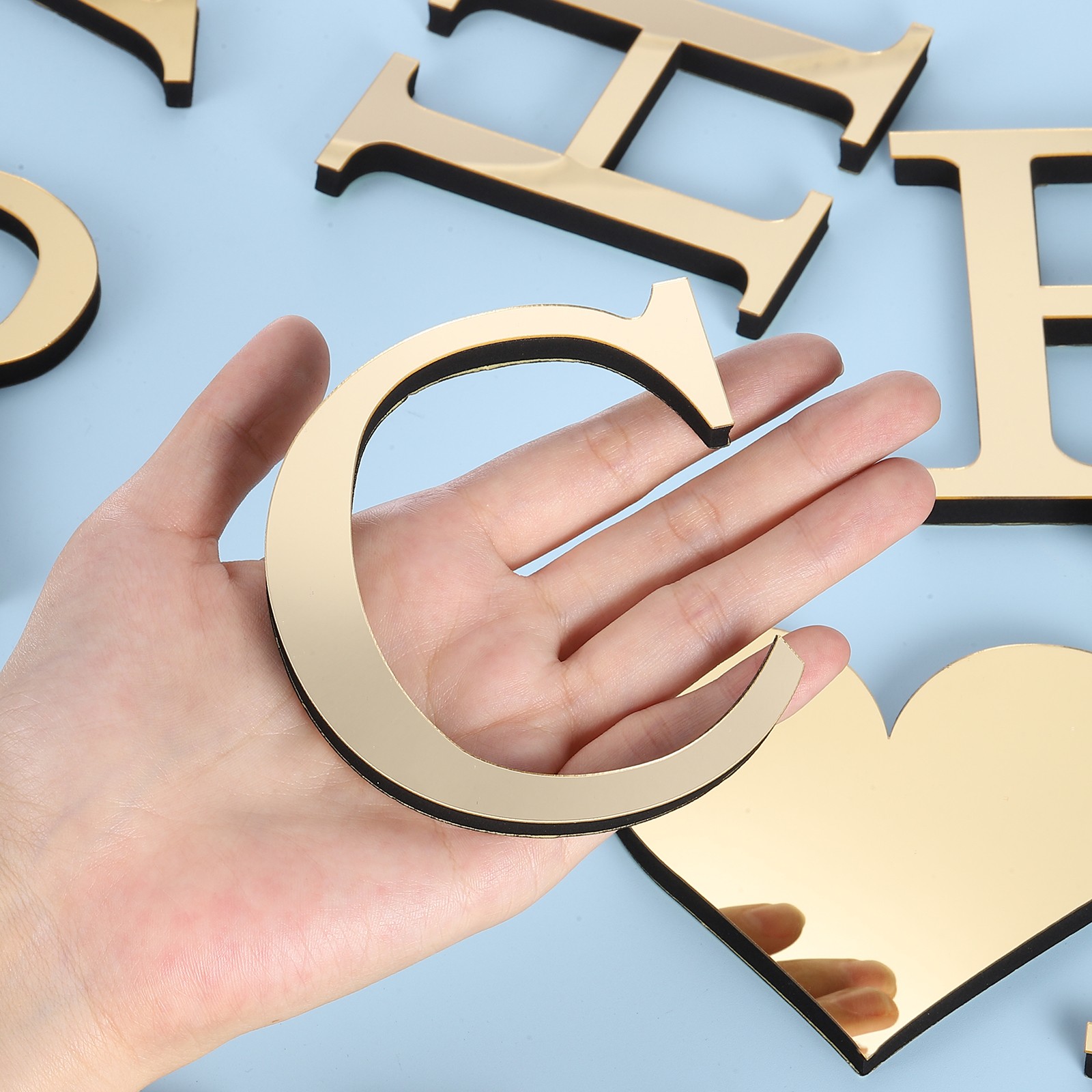 3D Acrylic Alphabet Mirror Wall Stickers Letter C Self Adhesive Light Gold