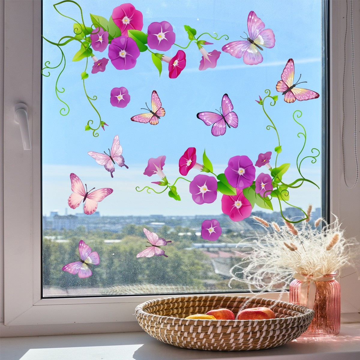 Removable Morning Glory & Butterfly Window Clings for Glass 11.81×23.62 in PVC