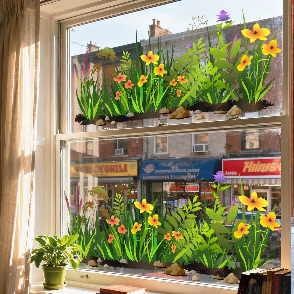 Green Wildflower Static Cling Window Sticker 11.8 x 23.2 in PVC Decal for Glass