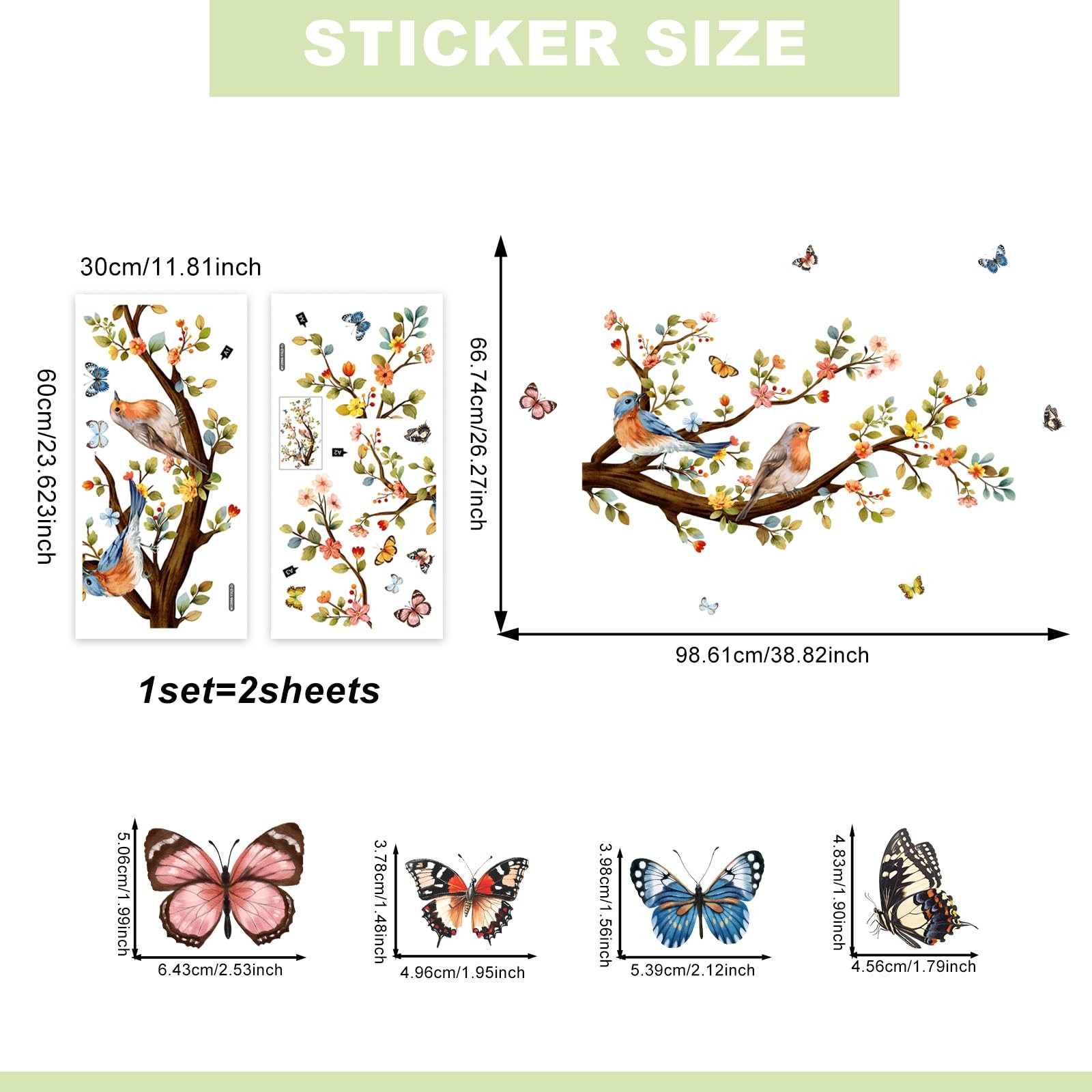 Colorful Flower Branch Bird Wall Stickers Watercolor Bird Butterfly Wall Deca…