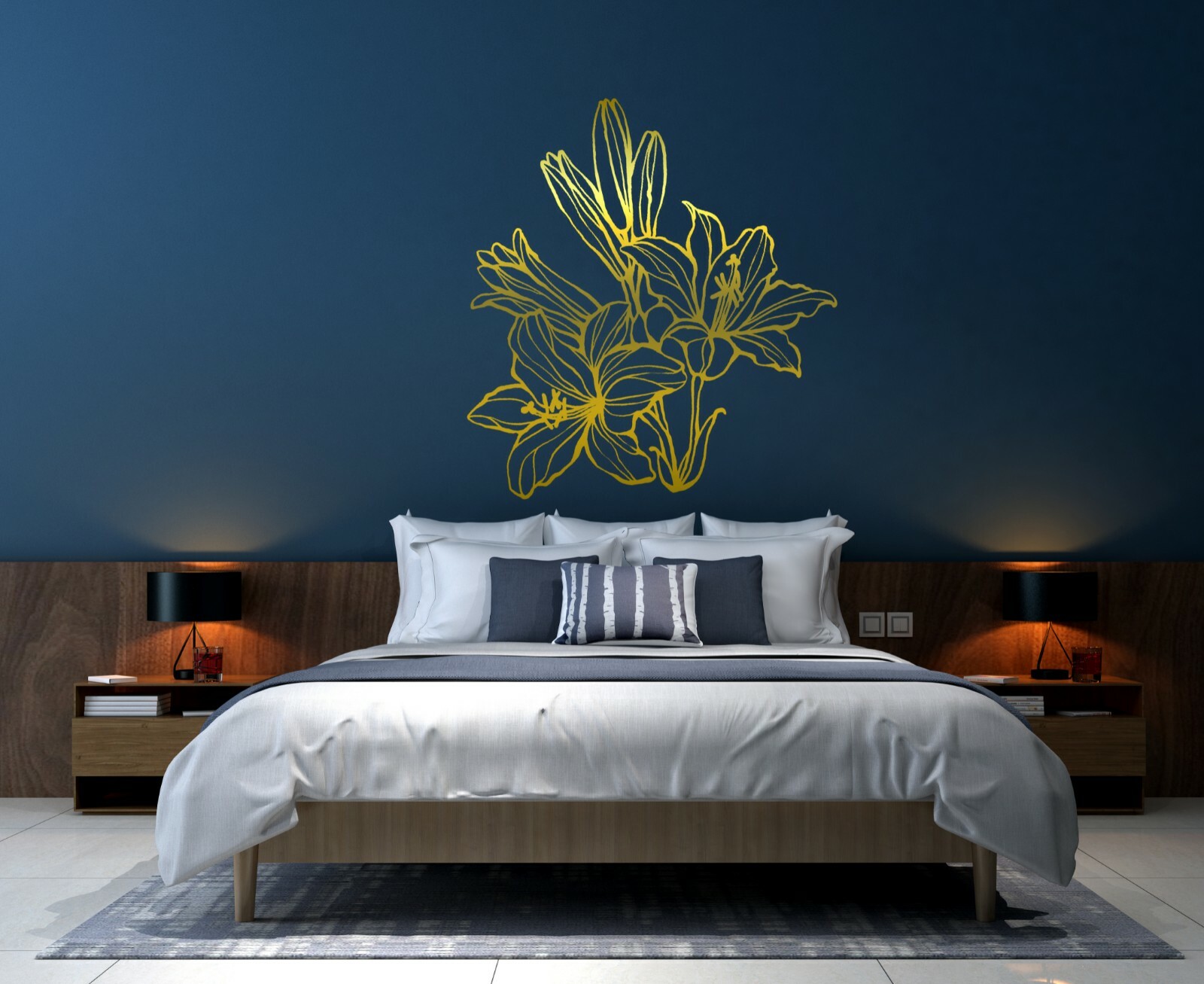 Lilies Flower Large Wall Decal Abstract Vinyl Décor Abstract Sticker Floral Gold