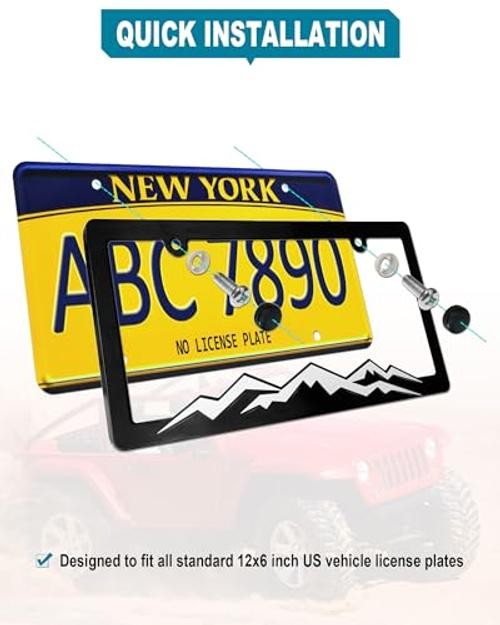 Mountain License Plate Frames on Black, ABS Plastic | 3D Mountain Raised, White