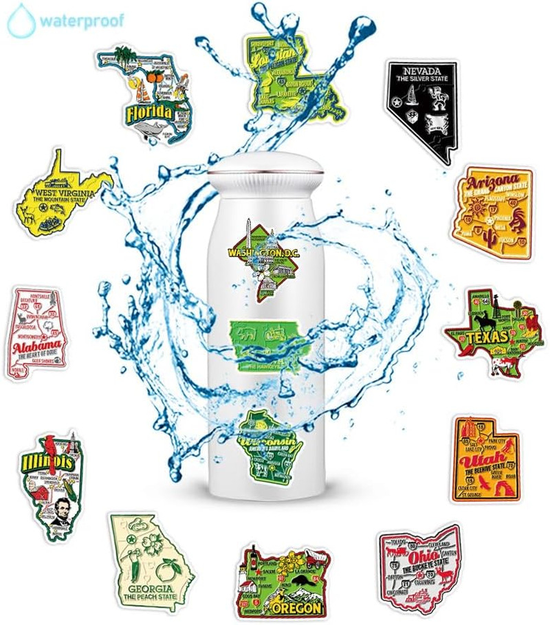 50Pcs United States Map Stickers – Waterproof Vinyl Removable No Residue Sticker