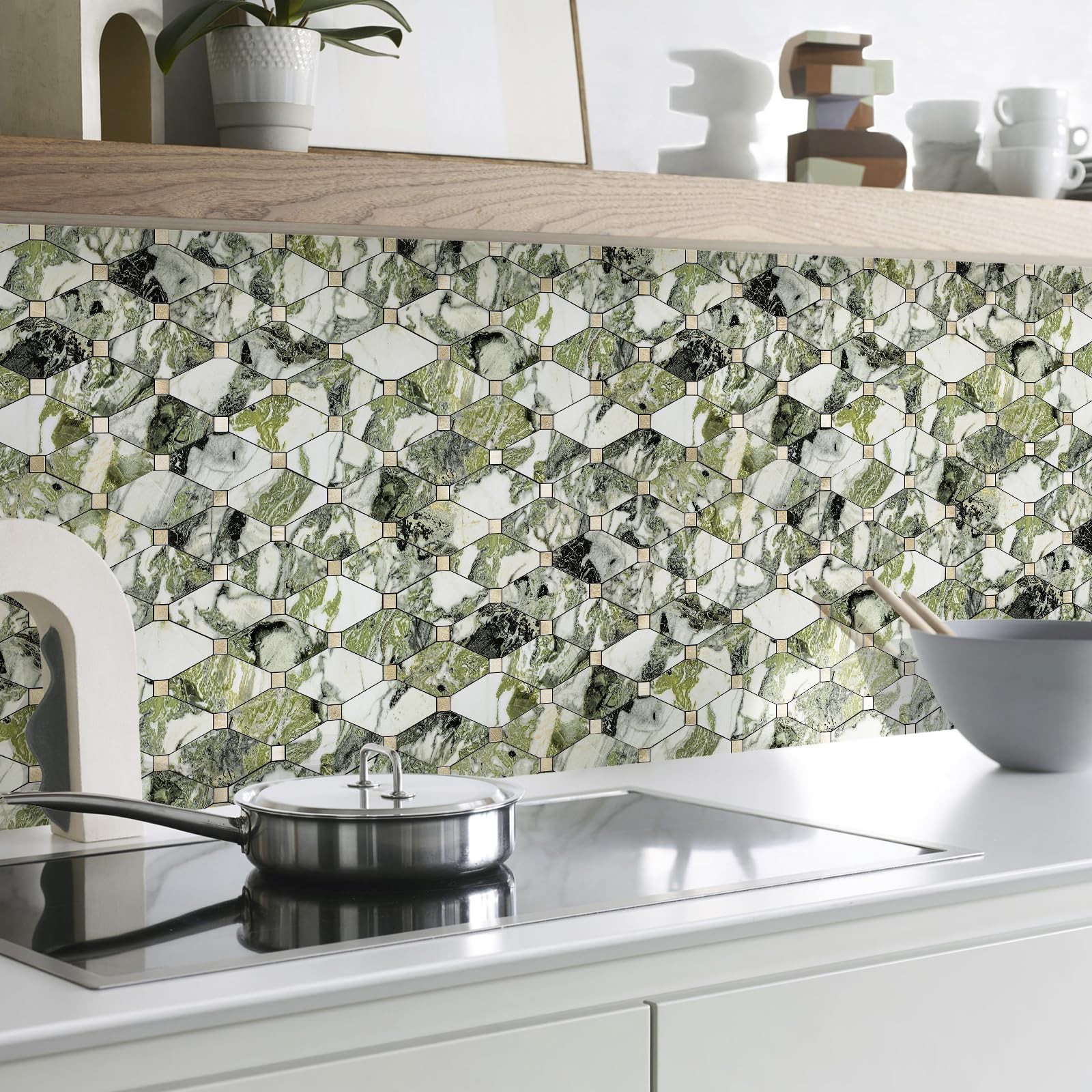 STICKGOO 10 Sheets Peel and Stick Backsplash, Polished Green Marble Look PVC …