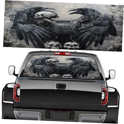 Pickup Truck Decals Rear Window, Black Bird 22W x 66L inch Vintage Raven Skull