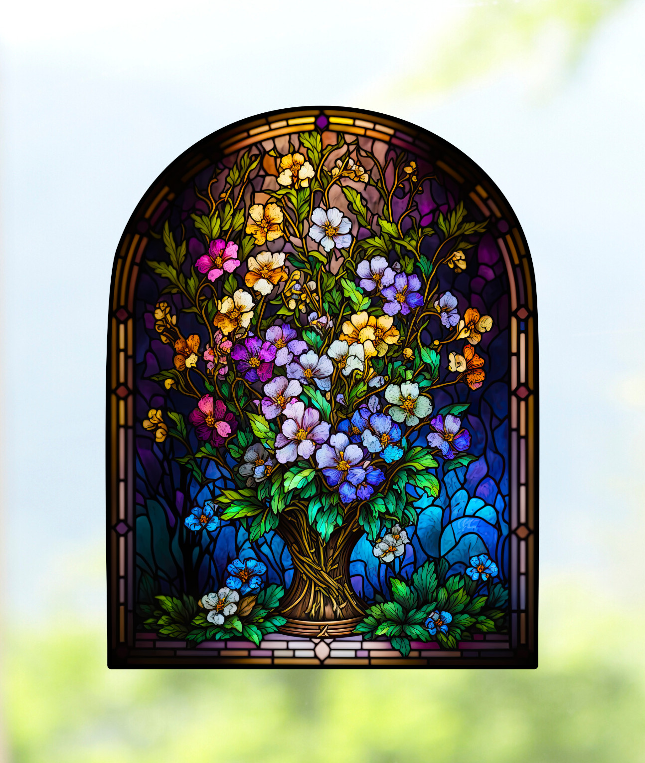 Primroses Faux Stained-Glass WINDOW CLING Size 10.3" Arch Shape ~ Vinyl
