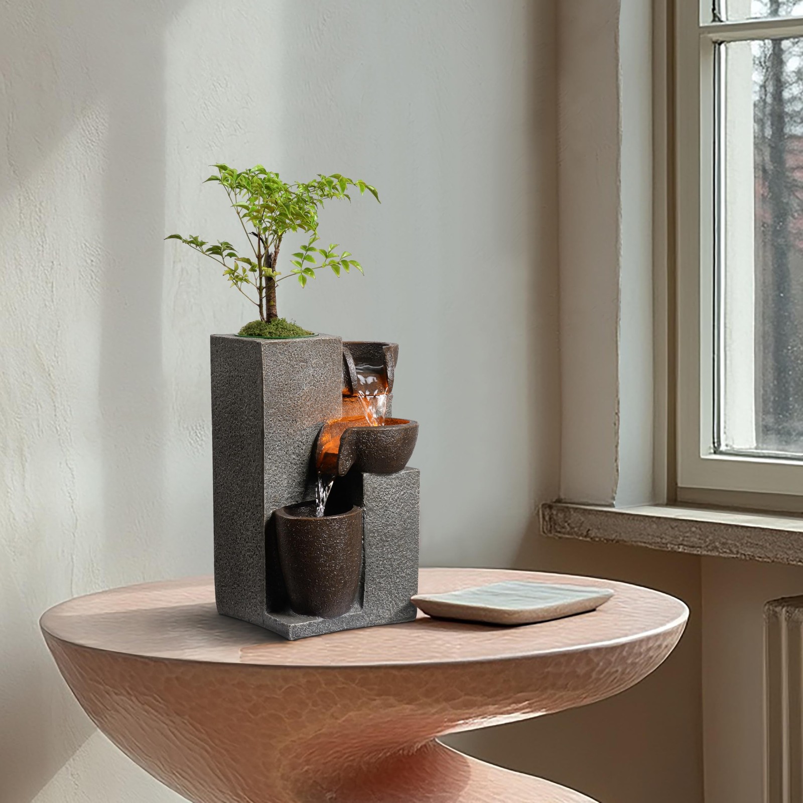 Resin Tabletop Waterfall Fountain with LED Light & Plant Pot, Indoor Desk Wat…