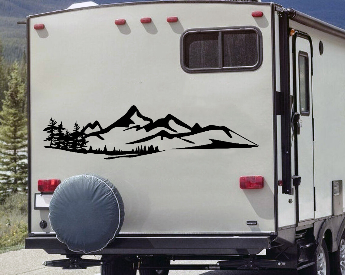 Mountains and Forest Vinyl Decal V8 | 4×4 Camping RV Graphics | Die Cut Sticker