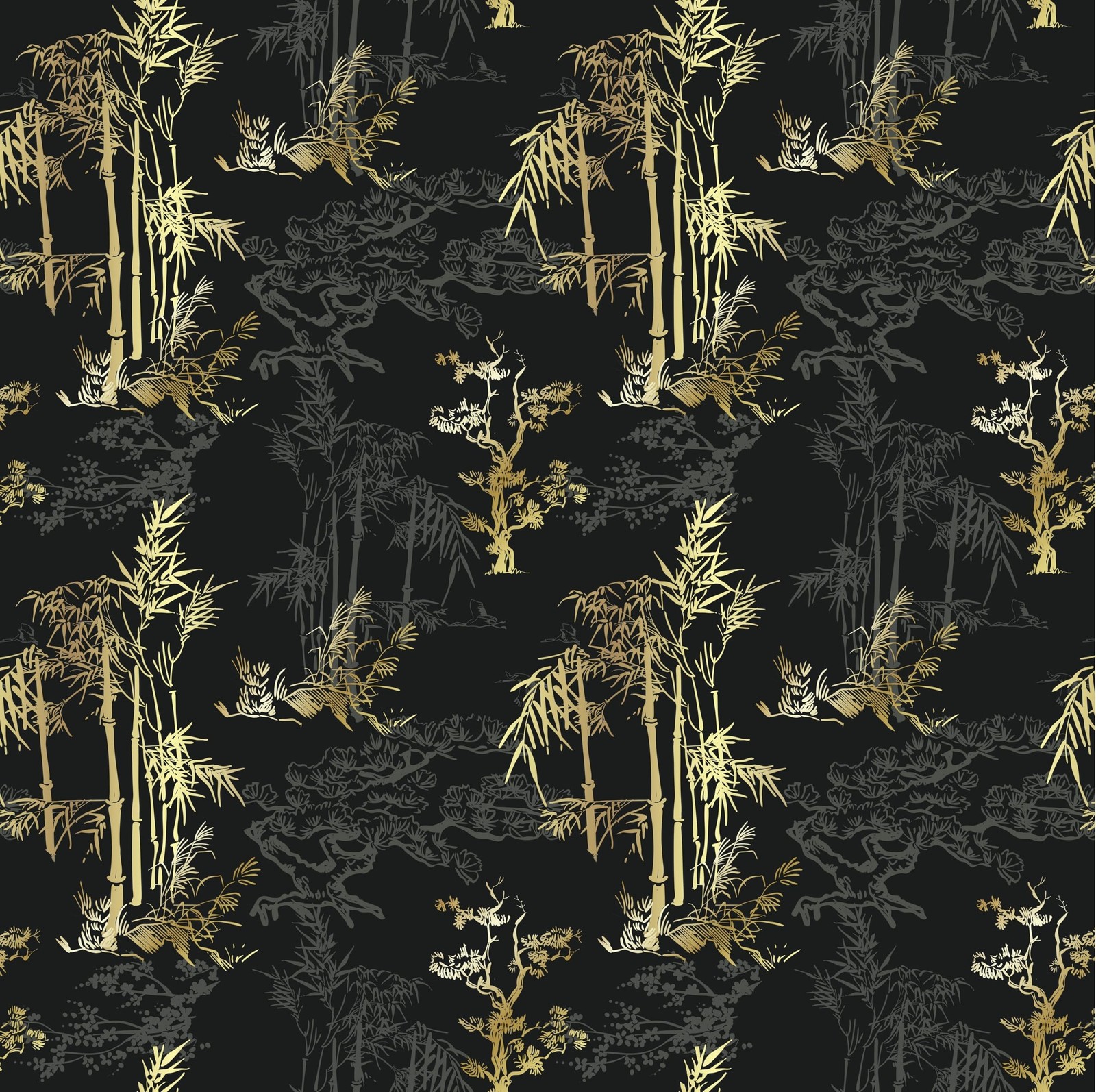 Vintage Wallpaper Peel and Stick 17" x 120" Black Gold Bamboo Forest Wallpape…