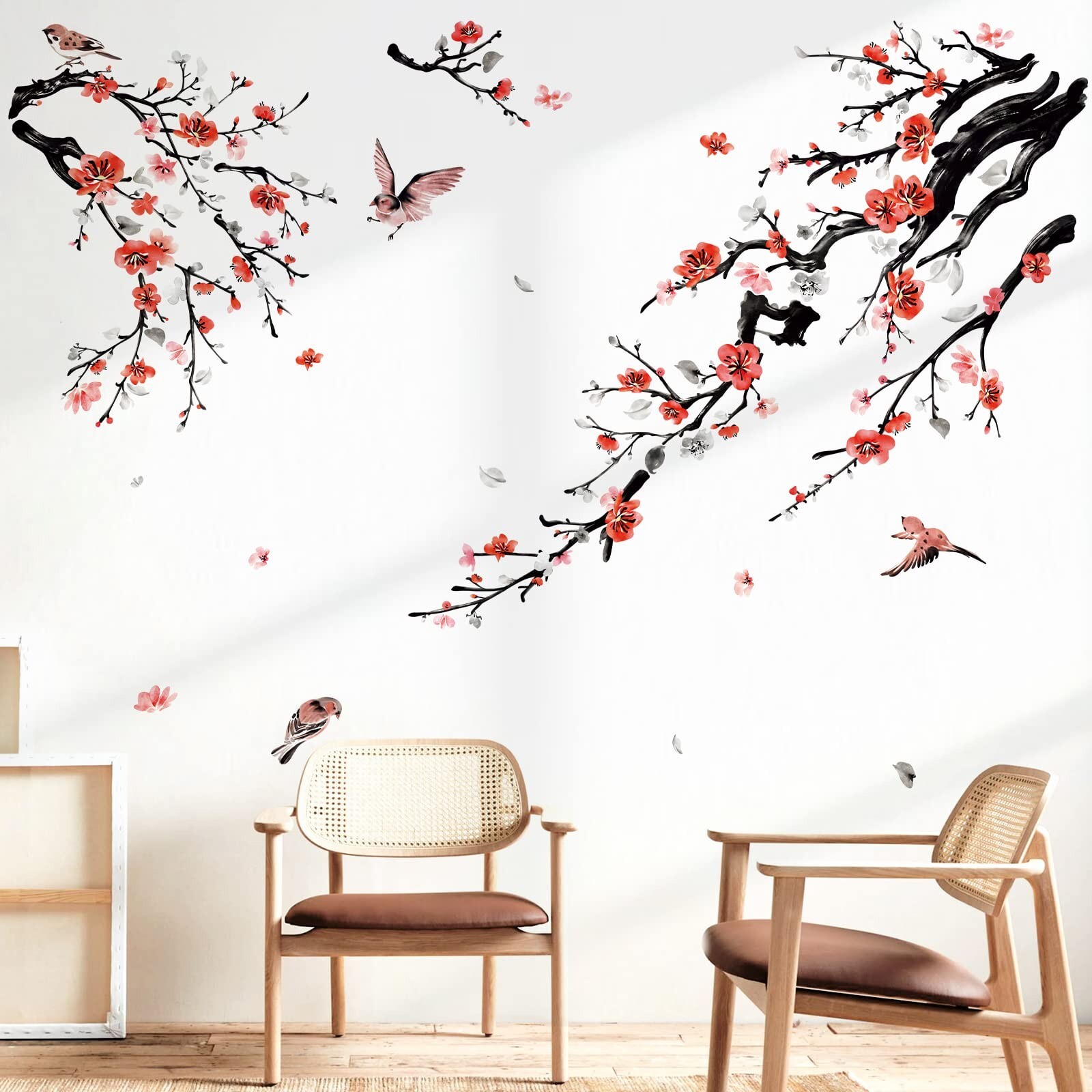 wondever Watercolor Flower Tree Branch Wall Stickers Blossom Red Floral Birds…