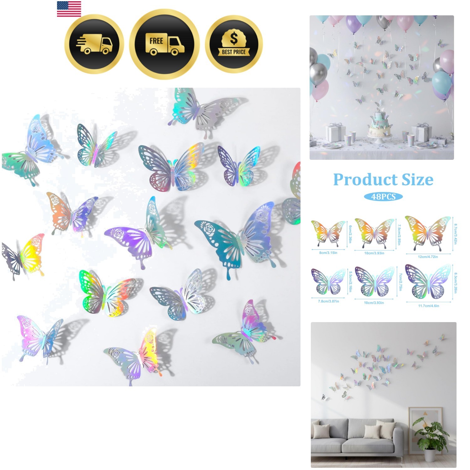 Laser Butterfly Wall Decor 48Pcs 3D Silver Butterfly Wall Stickers for Party …