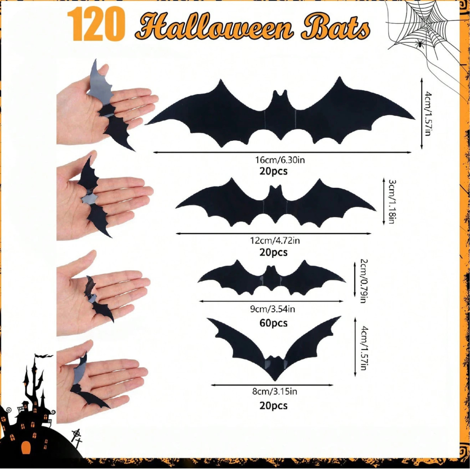 120/60pcs Halloween Bat Stickers 3D Black Stereoscopic Wall Decor Decals 4 Size