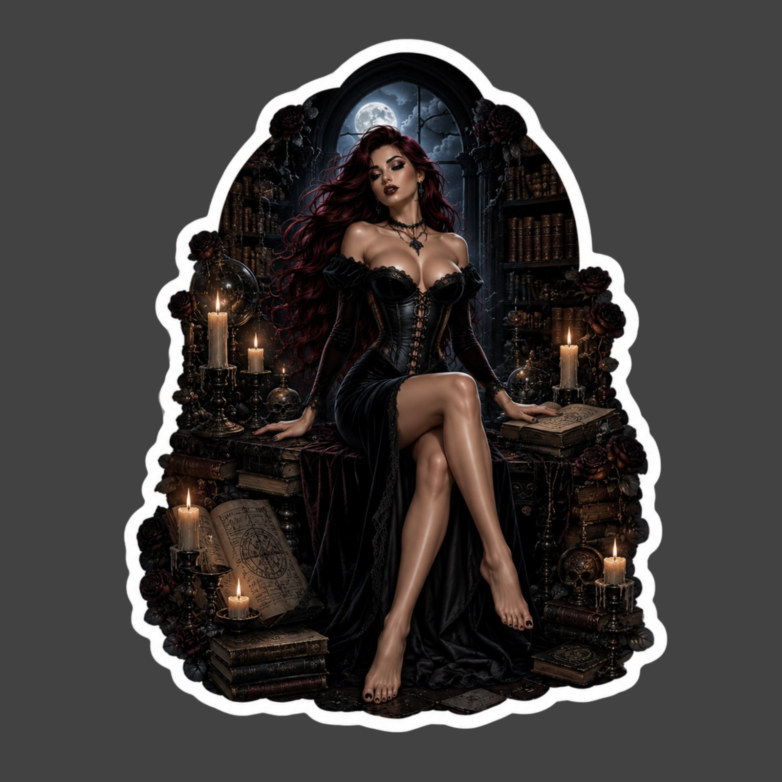 Pinup Girl Sticker Vinyl Decal Gothic Witch Library Moonlit Dark Romance