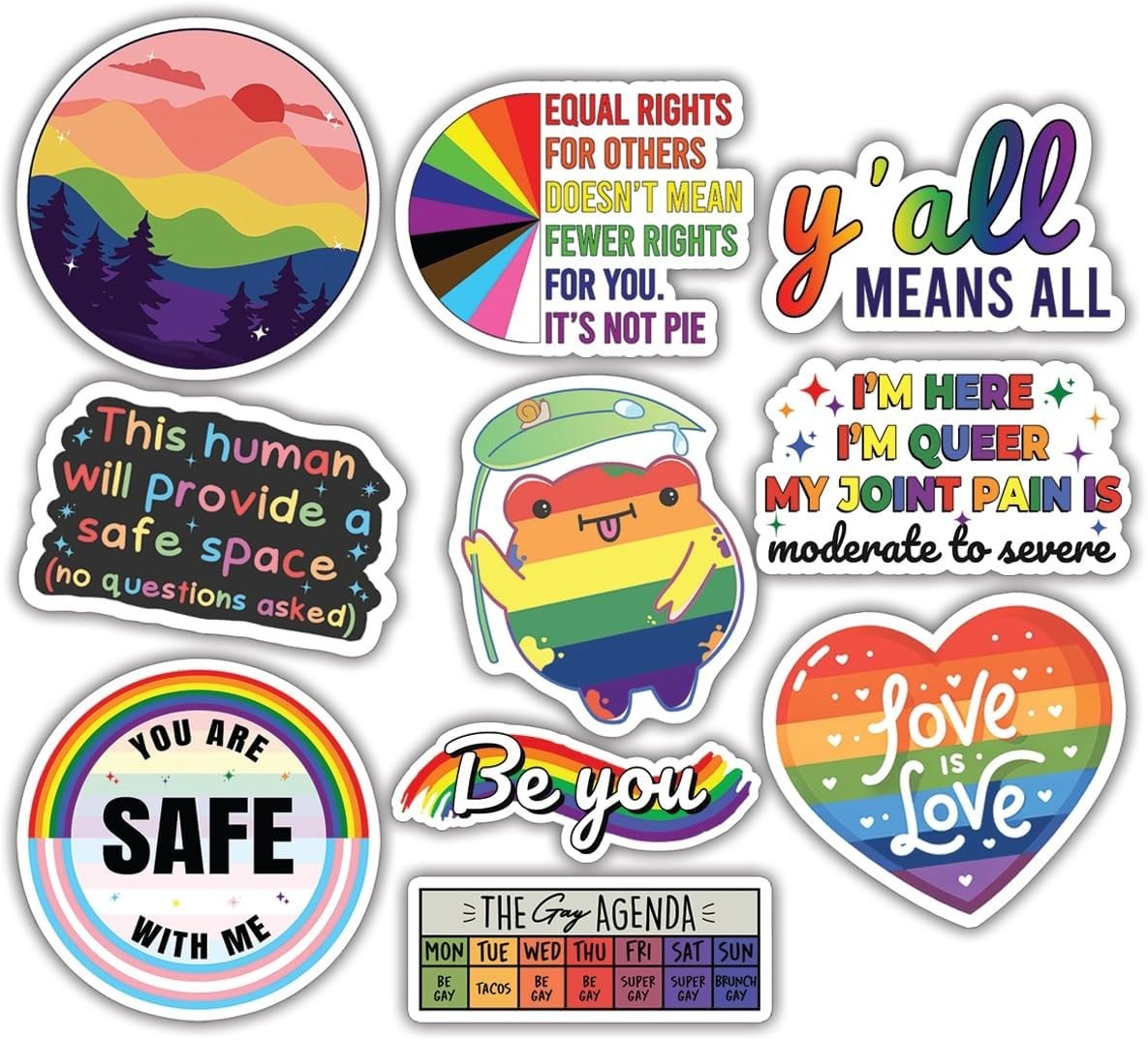 Set of 10 Cute LGBTQ+ Stickers – Durable Vinyl & Fade-Resistant 2 Inch Decals
