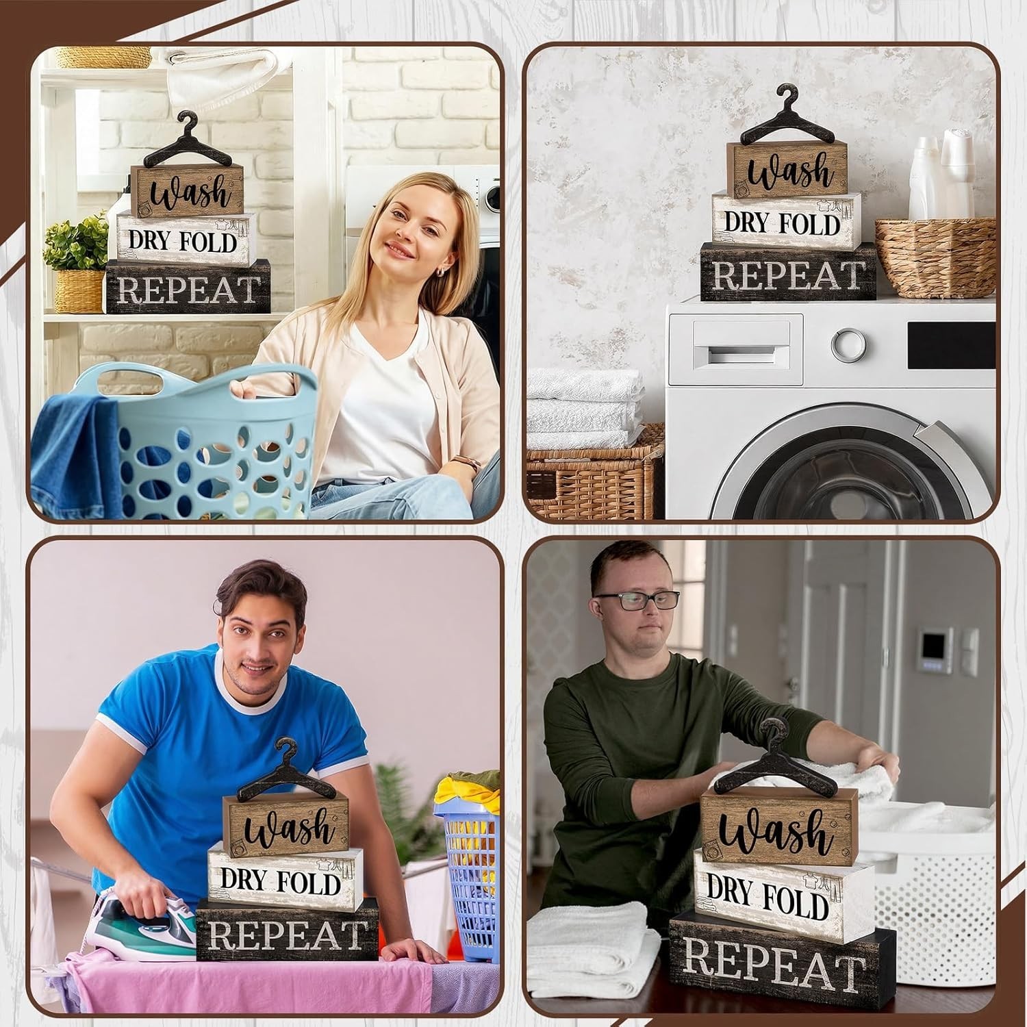 4 Pcs Farmhouse Laundry Room Decor Stacked Blocks, Wash Dry Fold Repeat Woode…