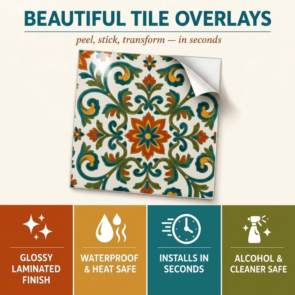 Peel and Stick Tile Stickers Terracotta Green Mediterranean Kitchen Backsplash