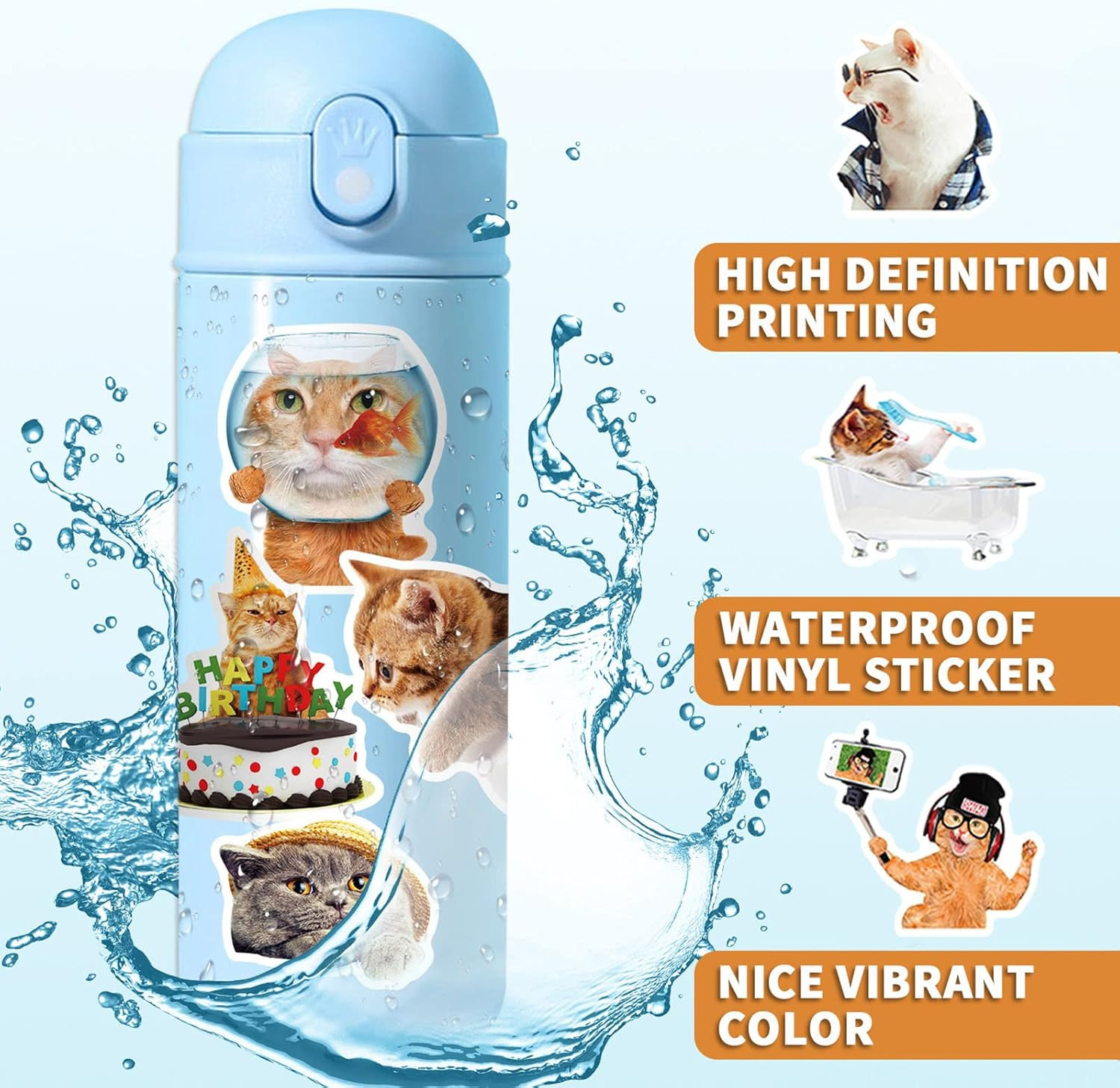 Cat Stickers for Kids Teens Girls Adults, 100 Pcs Cute Cat Stickers, Vinyl Water