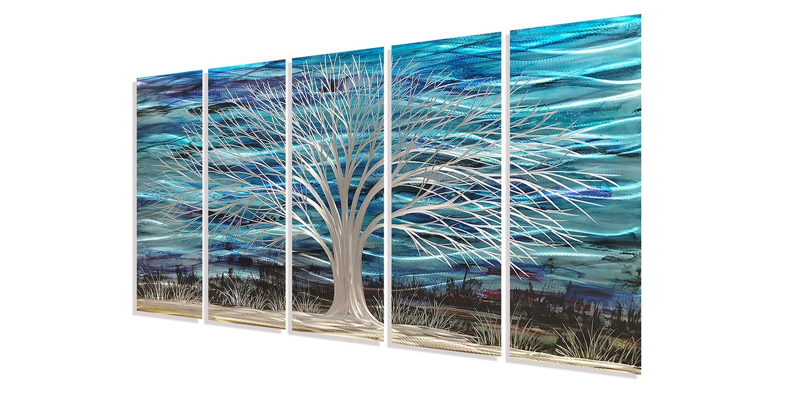 RICHSPACE ARTS 3D Blue Abstract Metal Wall Art Bright Silver Tree Metallic Ar…