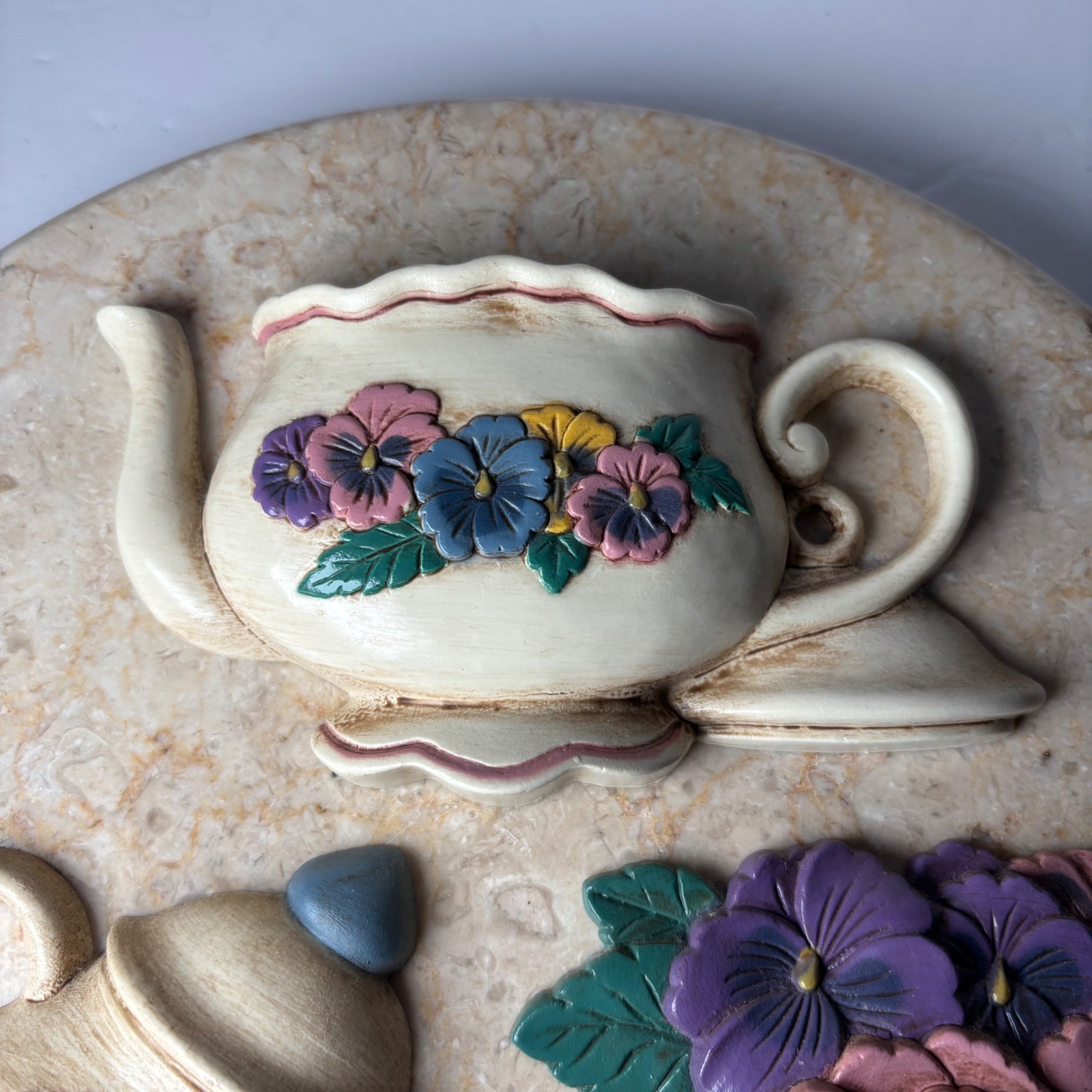 Home Interiors Vintage Teapot Pansy Wall Art Set 3pc Cream Floral 1995 USA