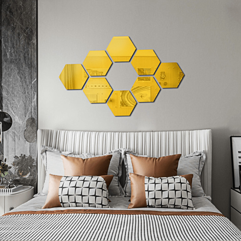 12Pcs Self Adhesive Hexagonal Gold Acrylic Mirror Wall Tiles for Home Room Decor