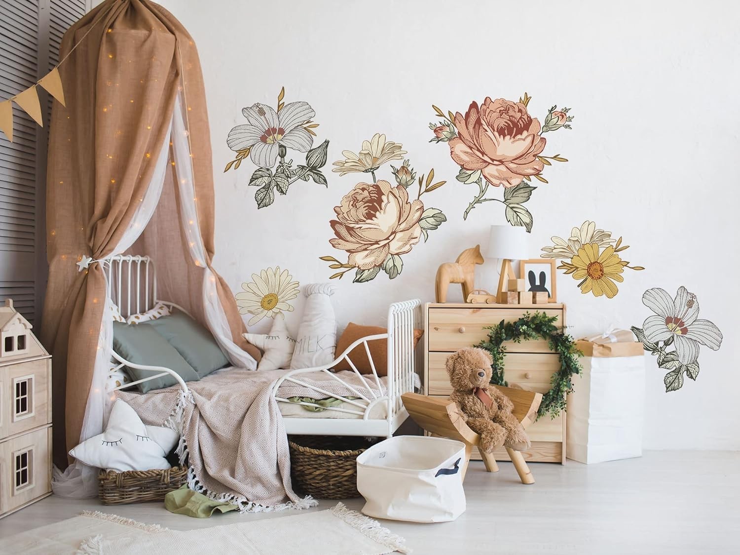 Kids Floral Wall Decal Soft Vintage Peony Flower Wall Sticker