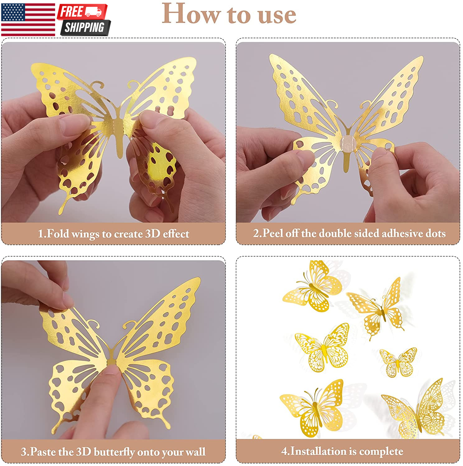 3D Butterfly Wall Decor – 48 Pcs, 4 Styles, 3 Sizes, Gold Butterfly Decorations