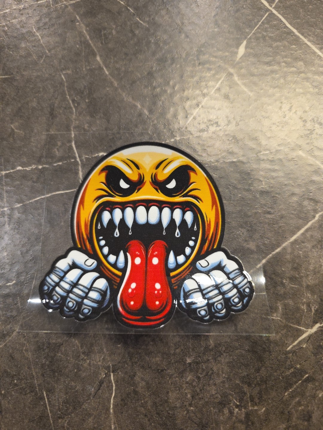 Excited Evil Smiley Face Tongue Out Fangs UVDTF Raised Decal Sticker Waterproof
