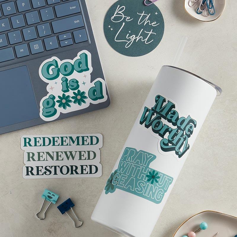 Redeemed Renewed Restored Vinyl Sticker Size Approx 3in W x 3in H Pack of 20