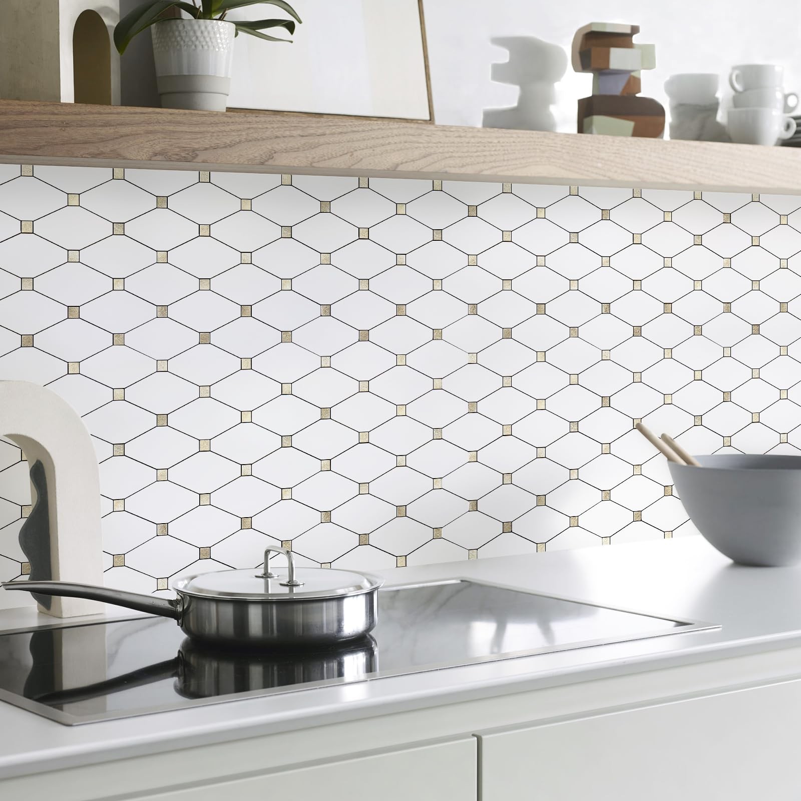 STICKGOO 10 Sheets Peel and Stick Backsplash, Pure White Marble Look PVC Mixe…
