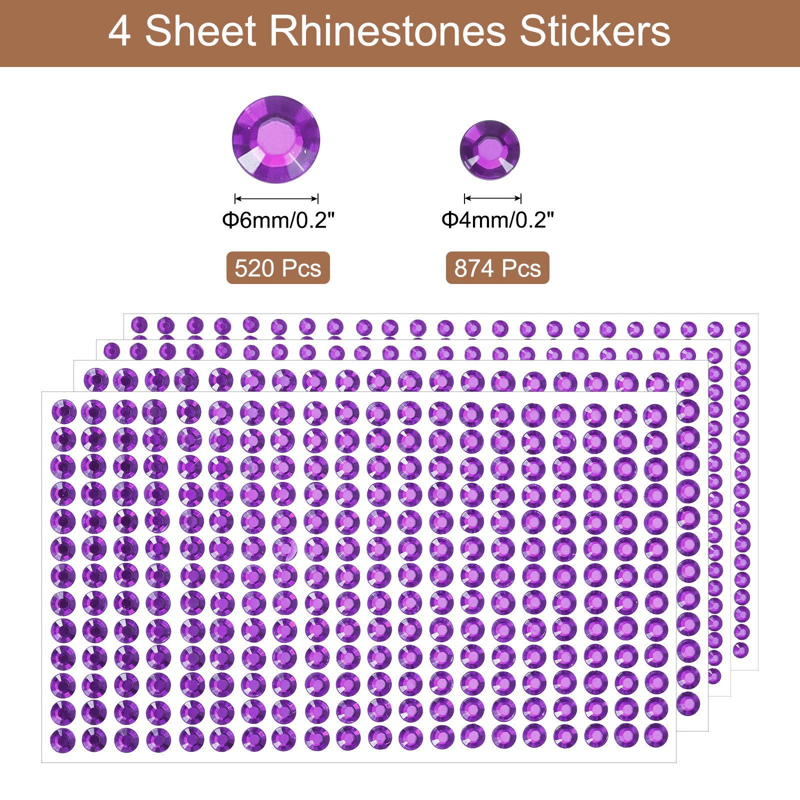 1394Pcs 4mm/6mm Self-Adhesive Rhinestone Stickers 4 Sheet Deep Purple