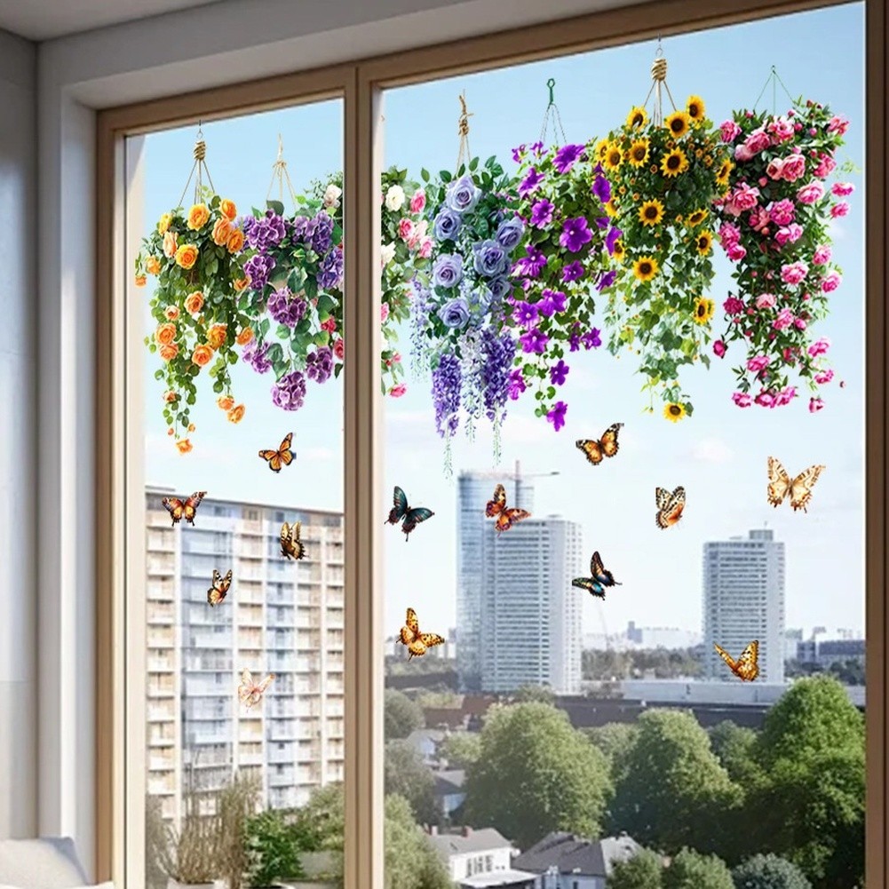 Static Cling Window Decals Floral Basket Birds Butterfly Pattern PVC Sticker
