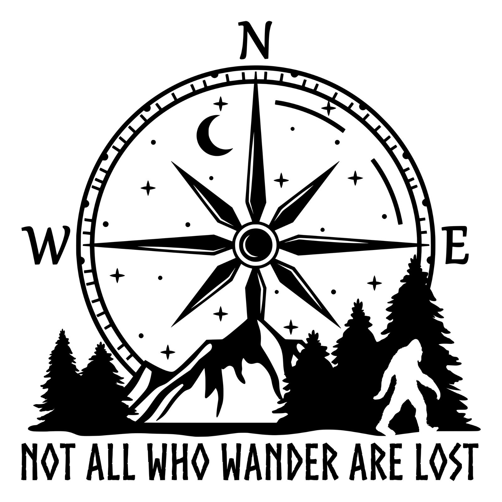 Not All Who Wander Are Lost Compass Mountains Bigfoot V2 Decal Sticker Sasquatch