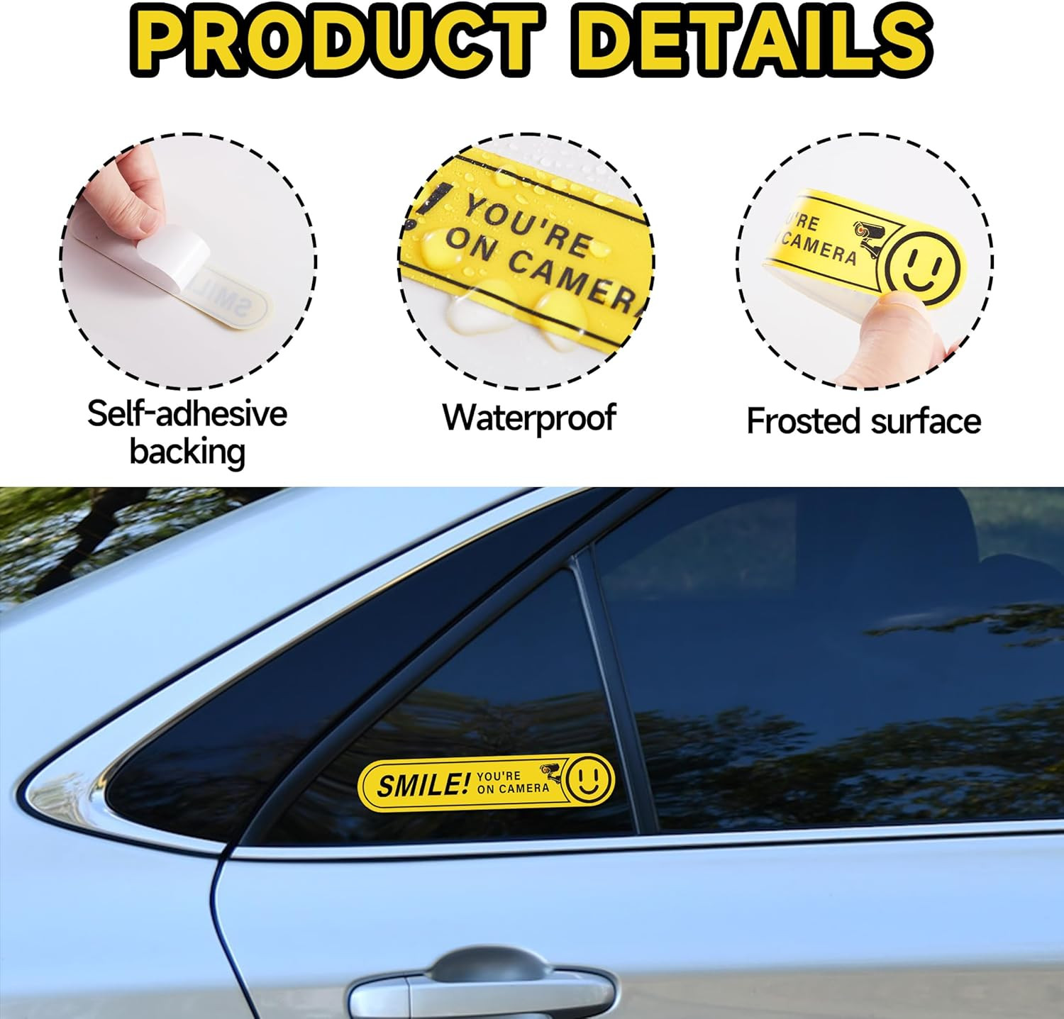 8PCS Smile Your on Camera Sign, Self-Adhesive Waterproof and Fade-Resistant Secu