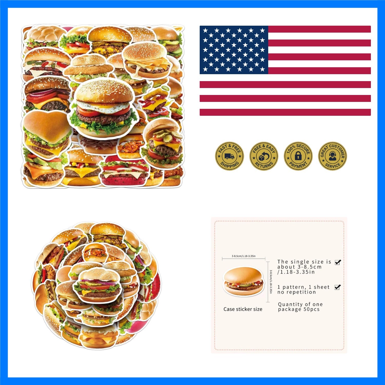Hamburger Stickers |50Pcs Burger Waterproof Vinyl Decals | Removable Reusable…