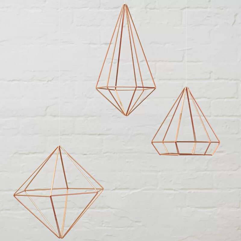3 Rose Gold Geometric Metal Art Mid Century Modern Wall Decor Mobile Diamond Gem