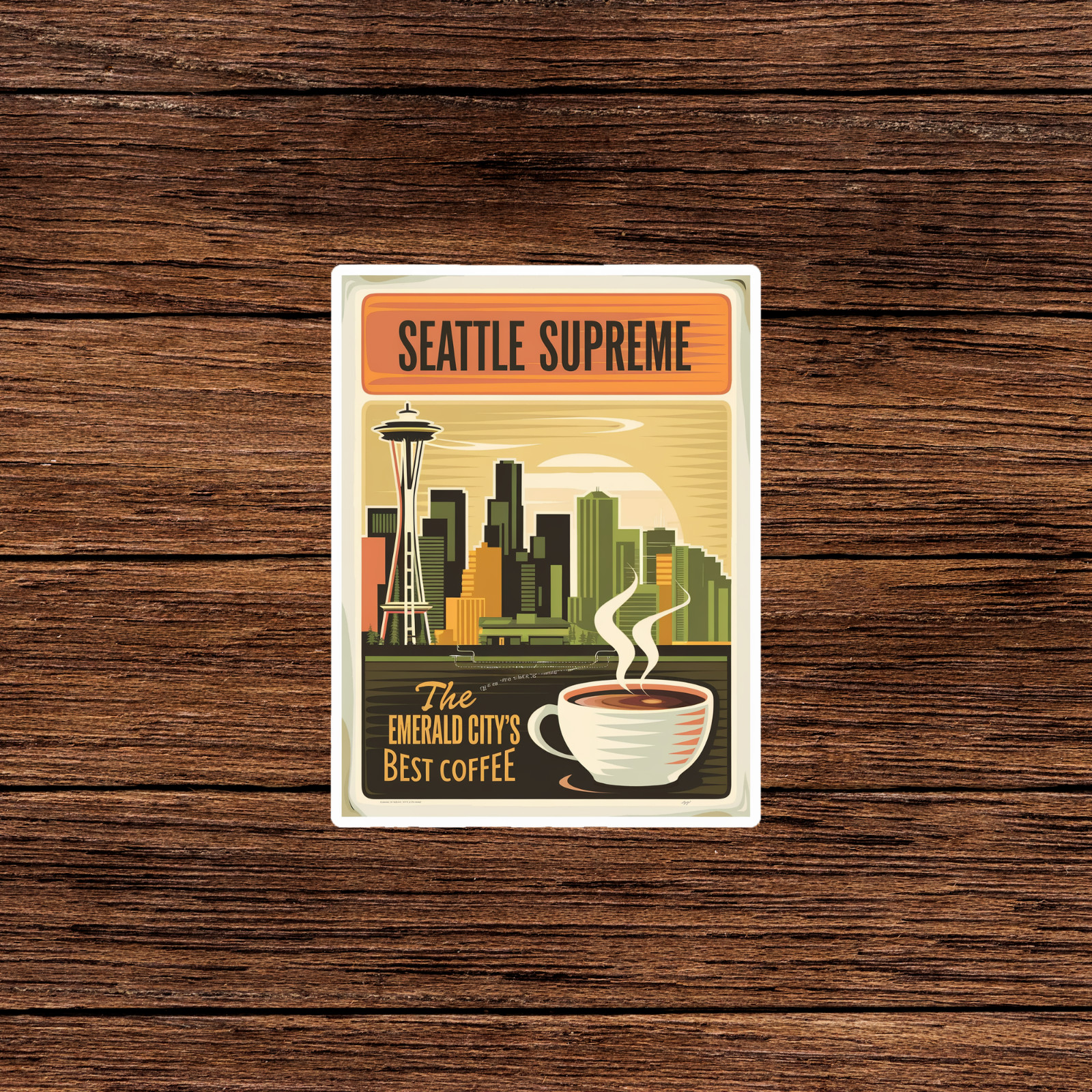 Vintage Seattle Supreme Coffee sticker – Emerald City Skyline Art Print Decor #3