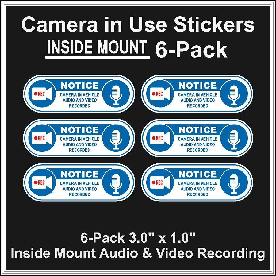 Camera in Car Recording Video 6-Pack INSIDE MOUNT Decals Blue White 3.0" x 1.0"