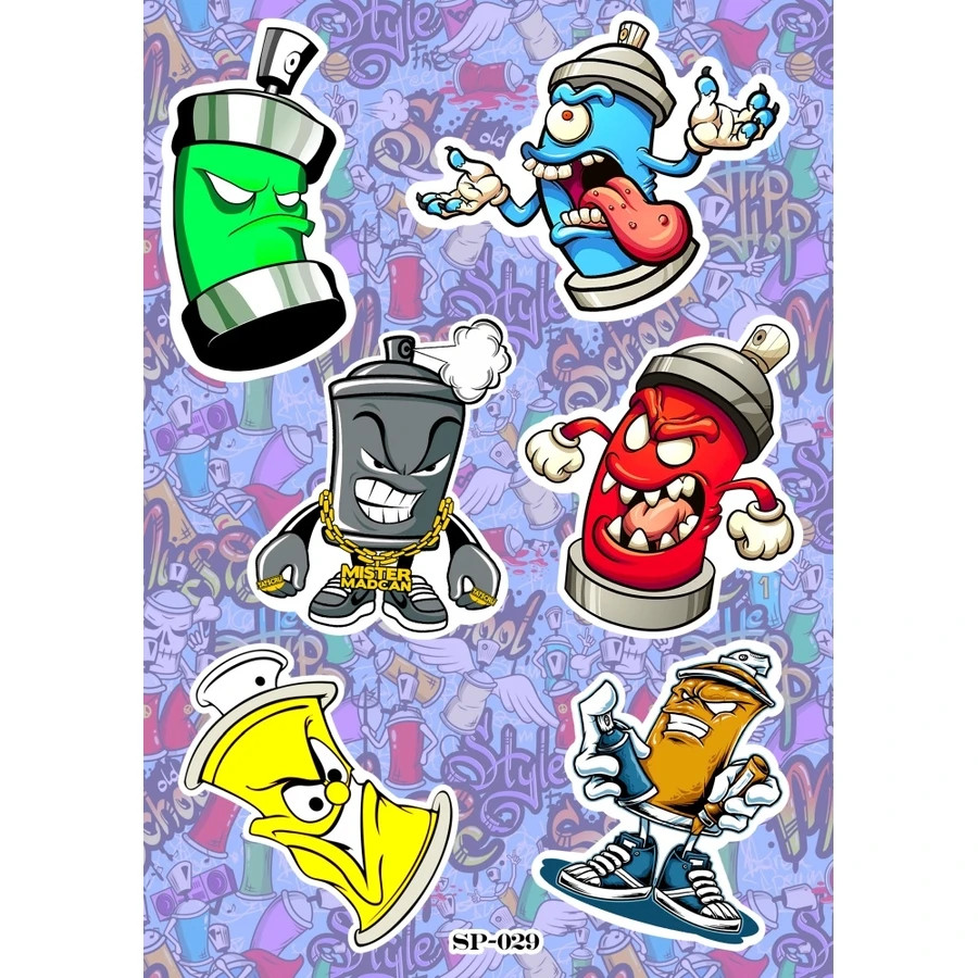 Graffiti Spray Cans Sticker Pack Cartoon Character Funny Playful Colorful Kids
