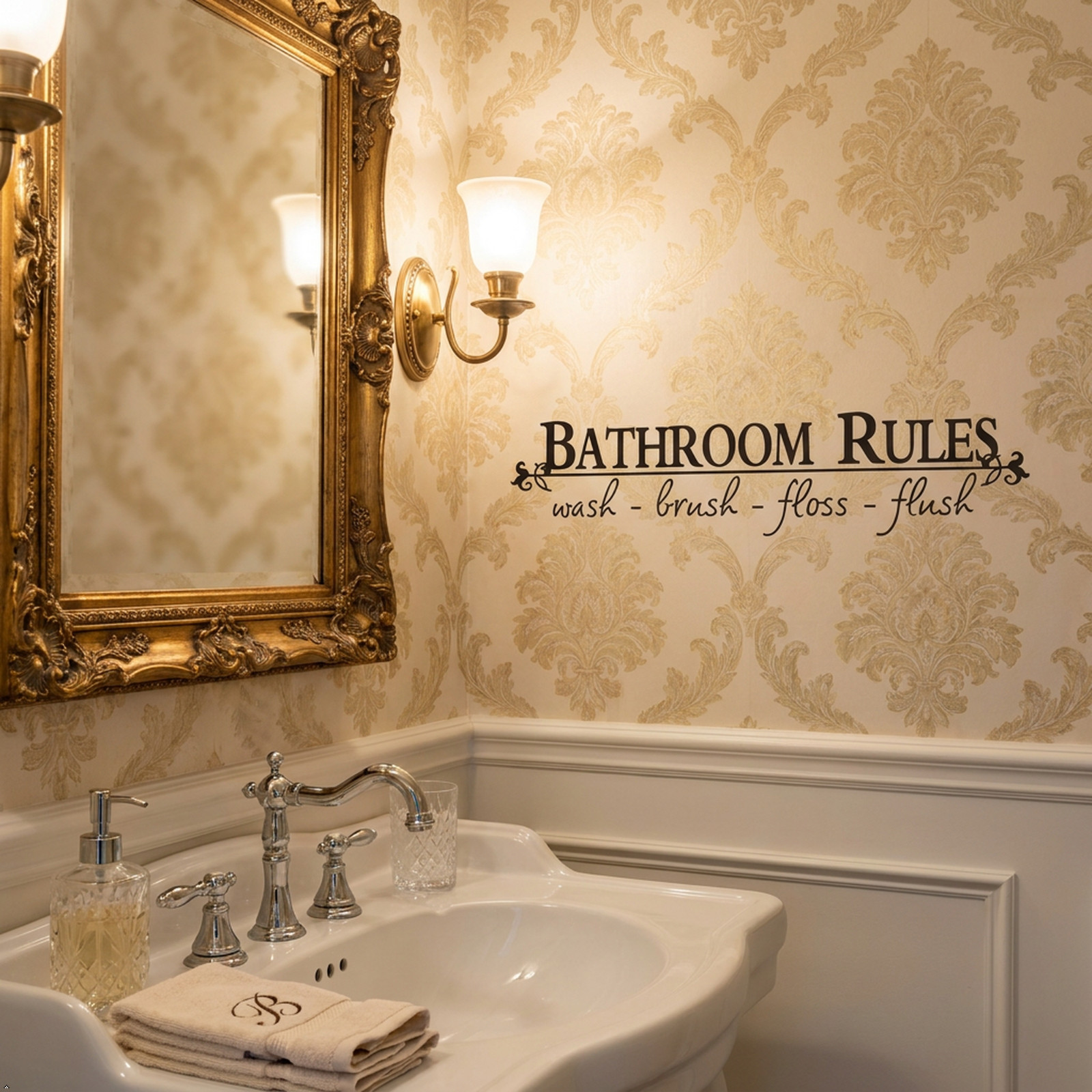 Bathroom Rules Wash Brush Floss Flush Quote Saying Wall Sticker Home Decal Decor