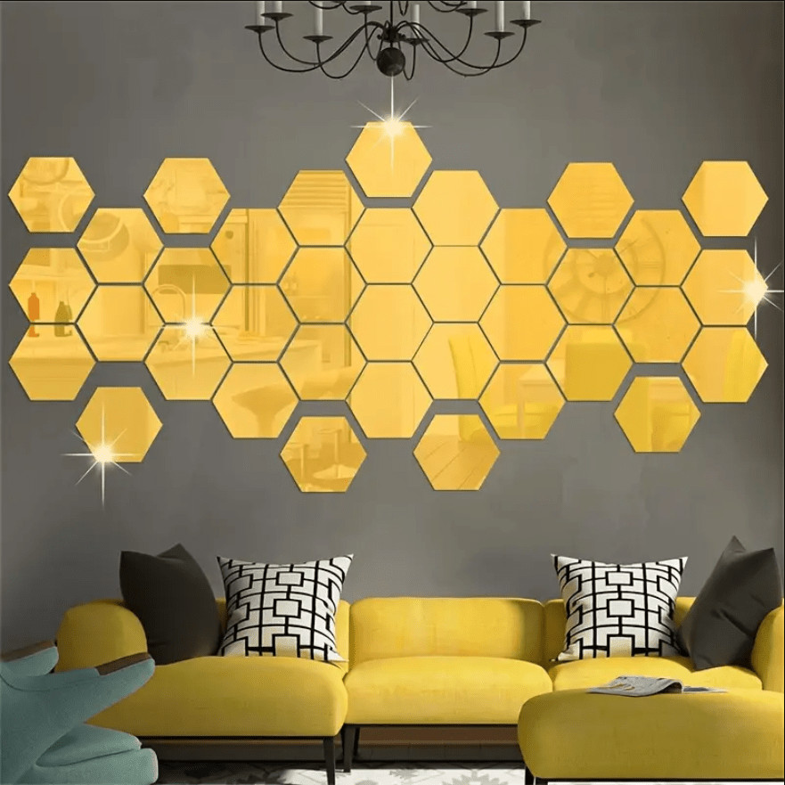 12Pcs Self Adhesive Hexagonal Gold Acrylic Mirror Wall Tiles for Home Room Decor
