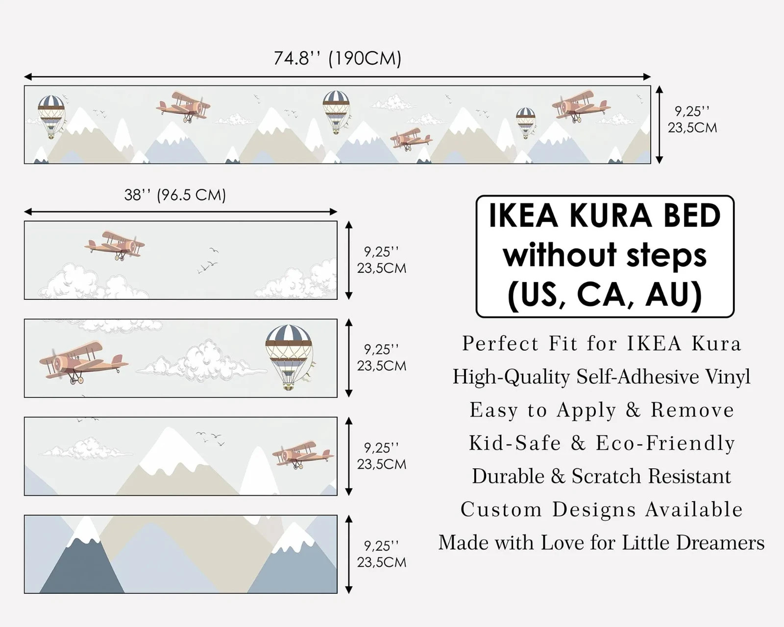 Vintage Aviation Decals for IKEA KURA Bed – Neutral Airplane & Mountain